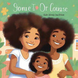 A young black or mixed-race girl with curly hair hugging her black twin cousins