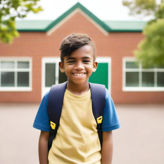 A young boy standing outside a school building