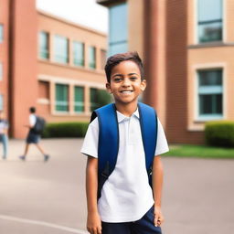 A young boy standing outside a school building