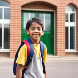 A young boy standing outside a school building