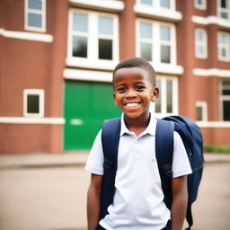 A young boy standing outside a school building