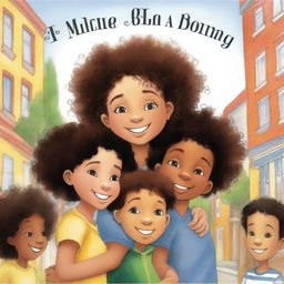 A mixed-race girl with curly hair hugging her black twin boy cousins