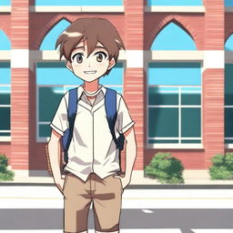 An anime-style boy standing outside a school building