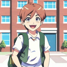 An anime-style boy standing outside a school building