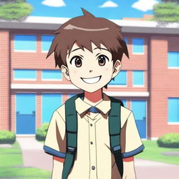 An anime-style boy standing outside a school building