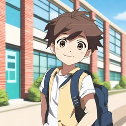 An anime-style boy standing outside a school building