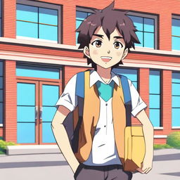 A young anime boy standing outside a school building