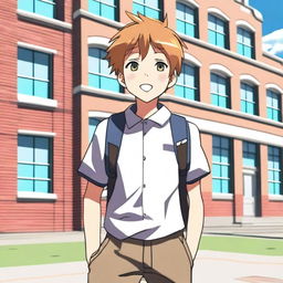 A young anime boy standing outside a school building