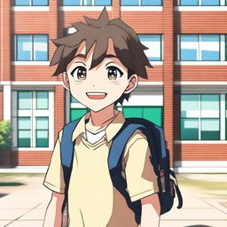 A young anime boy standing outside a school building