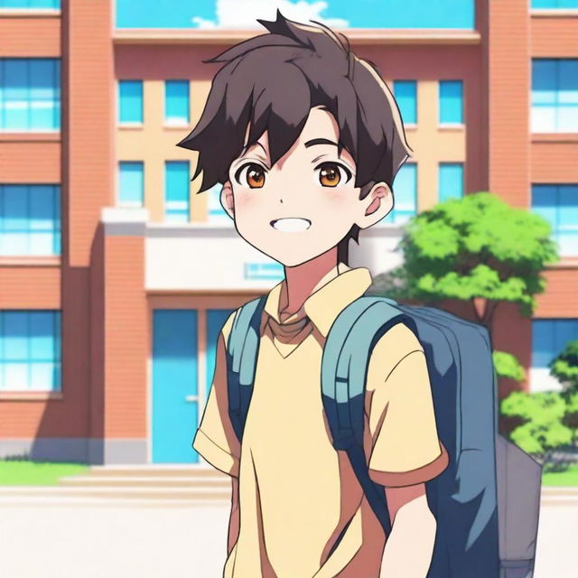 A young anime boy standing outside a school building