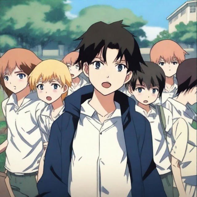 A young anime boy being bullied by a group of other students