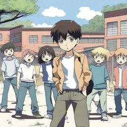 An anime-style scene depicting a young boy being bullied by a group of other kids