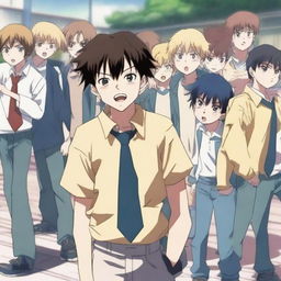 A young anime boy being bullied by a group of other students