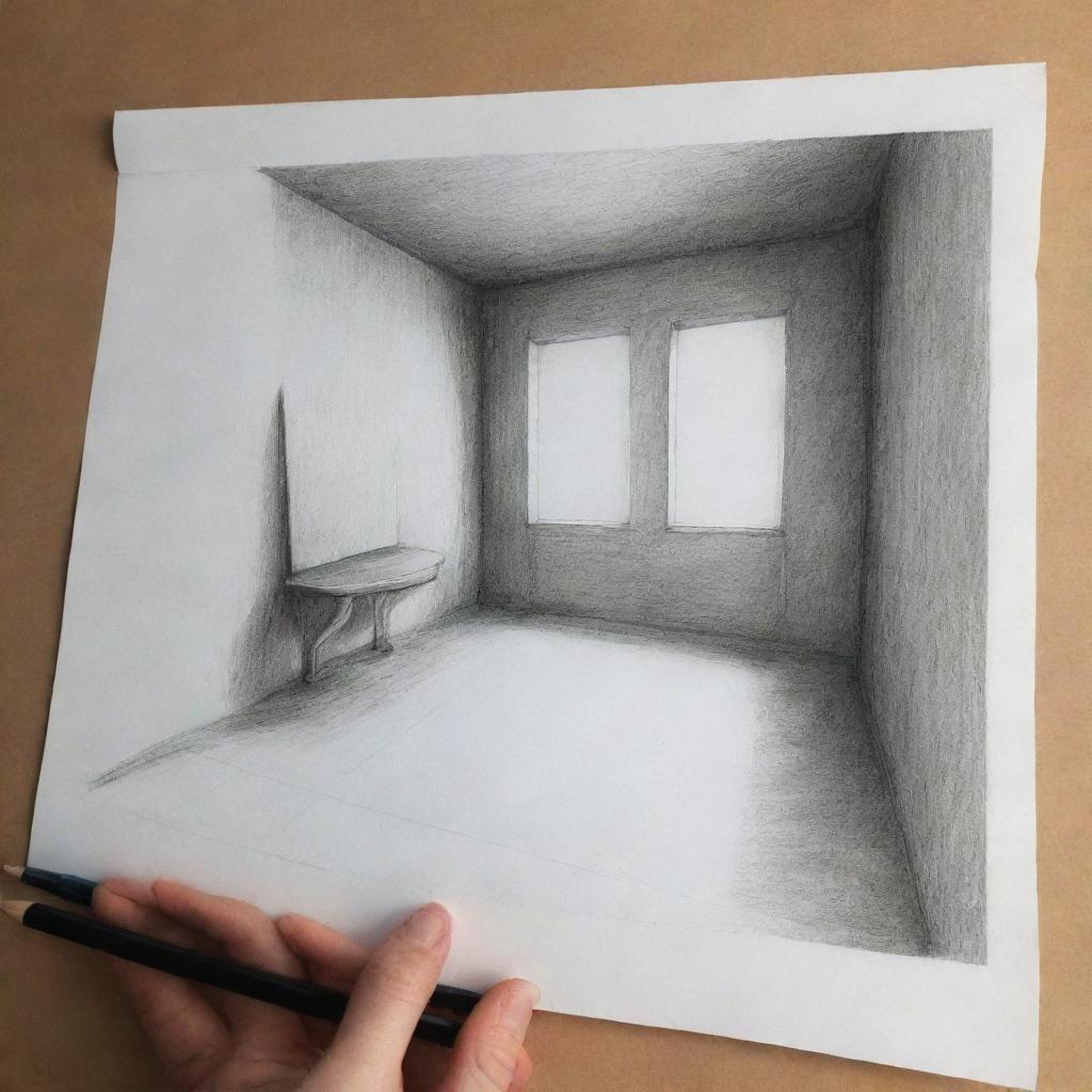 A 3D drawing sketched with a pencil, showcasing depth and perspective.