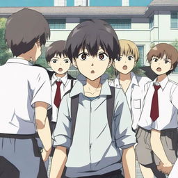 An anime-style scene depicting a young boy being bullied by a group of other kids