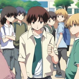 A young anime boy being bullied by a group of other students