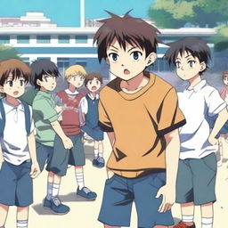 An anime-style scene depicting a young boy being bullied by a group of other kids