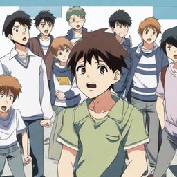 A young anime boy being bullied by a group of other students