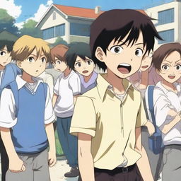 An anime-style scene depicting a young boy being bullied by a group of other kids