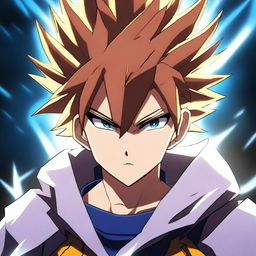 A powerful boy in an anime style, standing confidently with a determined expression