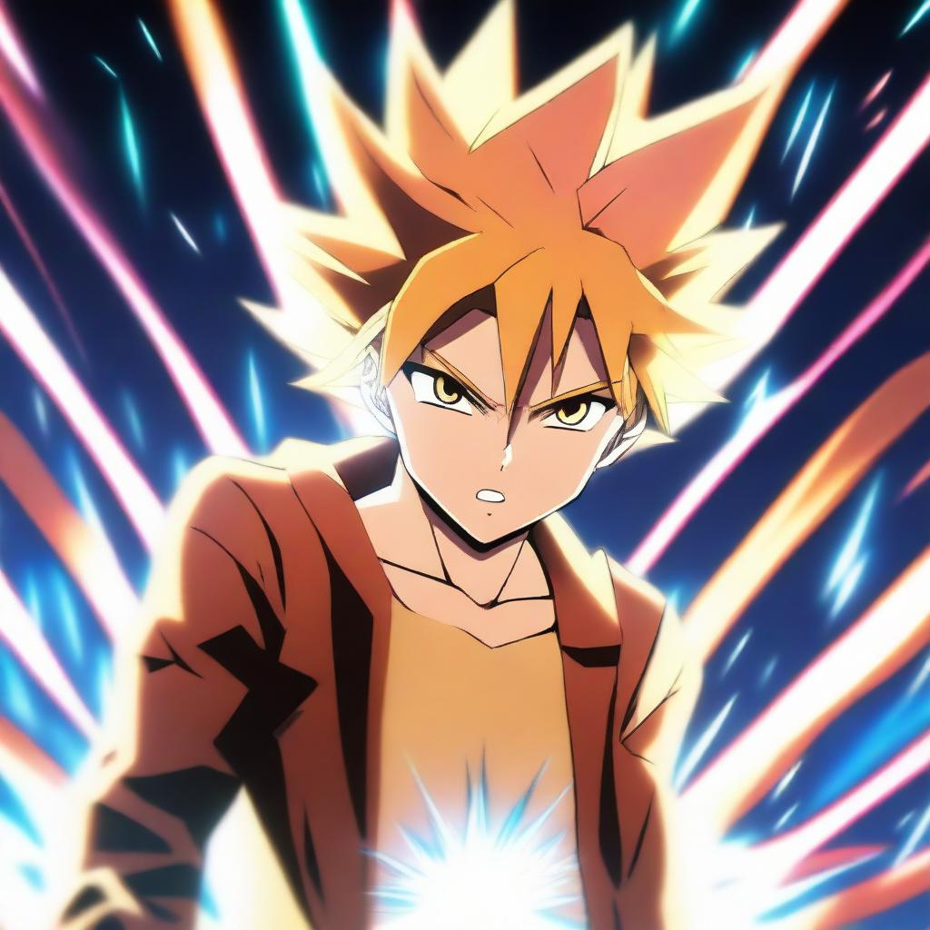 A boy in an anime style undergoing a transformation to become powerful