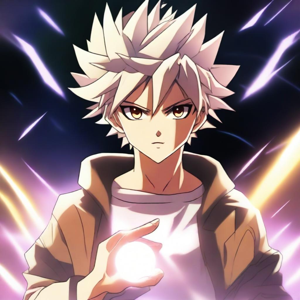 A boy in an anime style undergoing a transformation to become powerful