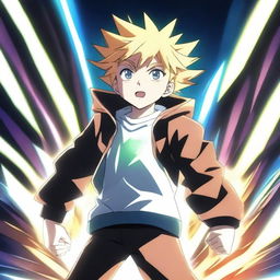 A transformation scene in anime style where a young boy becomes powerful