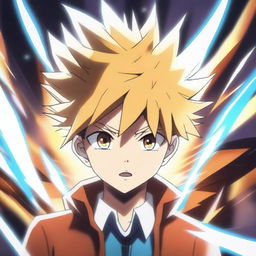 A transformation scene in anime style where a young boy becomes powerful