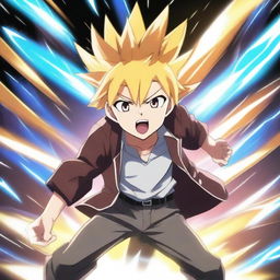 A transformation scene in anime style where a young boy becomes powerful