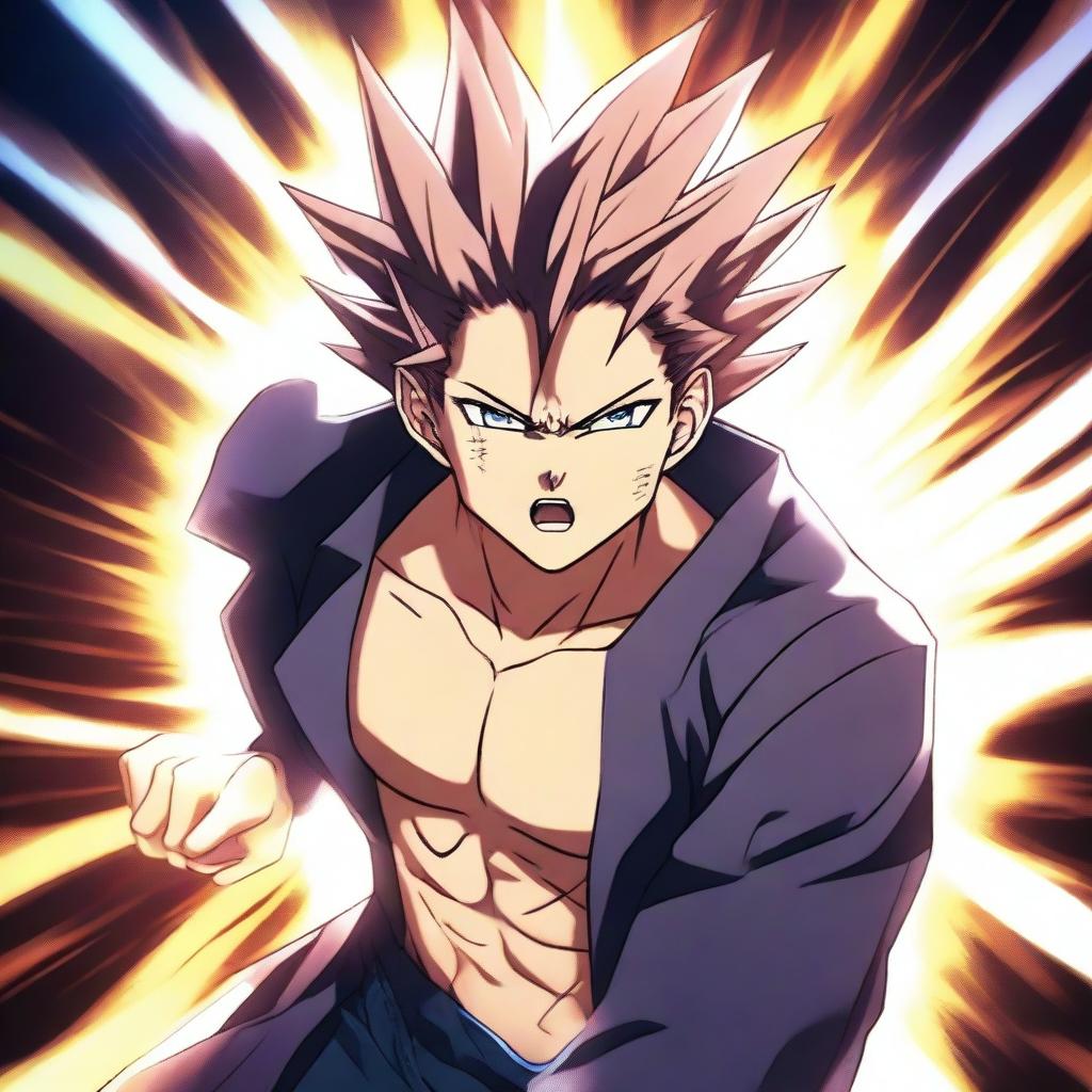 A man in an anime style undergoing a transformation to become powerful