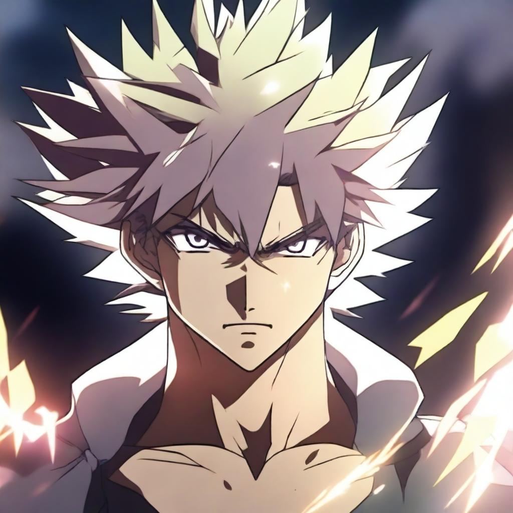 A man in an anime style undergoing a transformation to become powerful