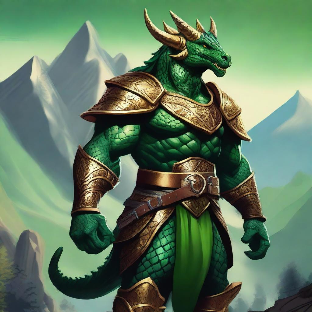 A majestic Dragonborn character from Dungeons and Dragons, with green scales and golden accents