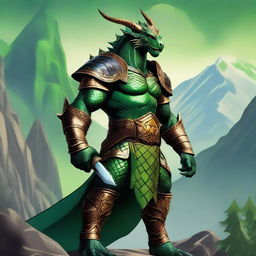 A majestic Dragonborn character from Dungeons and Dragons, with green scales and golden accents