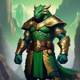 A majestic Dragonborn character from Dungeons and Dragons, with green scales and golden accents