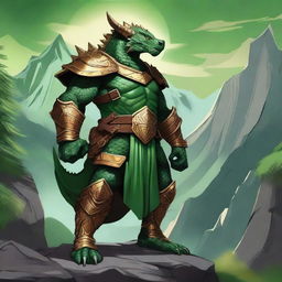 A majestic Dragonborn character from Dungeons and Dragons, with green scales and golden accents