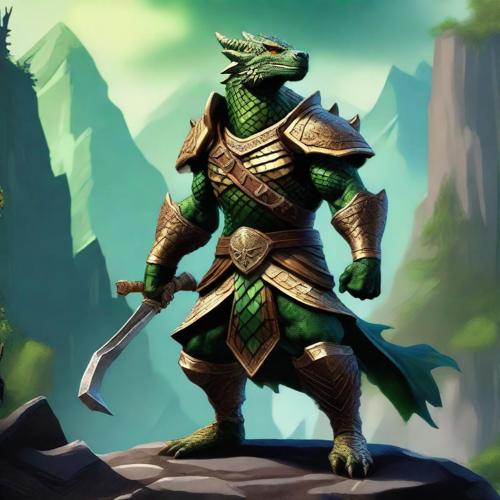 A majestic Dragonborn character from Dungeons and Dragons, with green and gold scales shimmering in the light