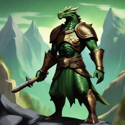 A majestic Dragonborn character from Dungeons and Dragons, with green and gold scales shimmering in the light