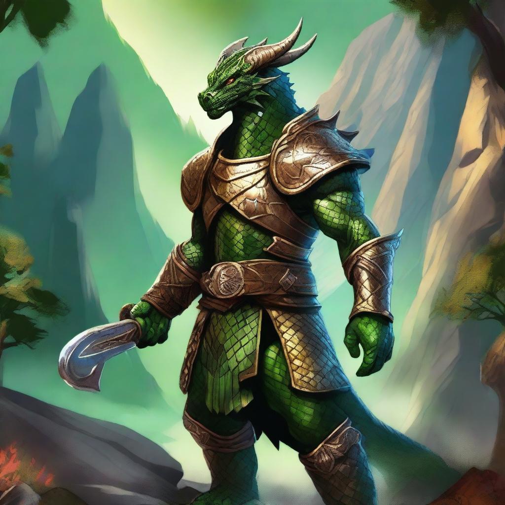 A majestic Dragonborn character from Dungeons and Dragons, with green and gold scales shimmering in the light