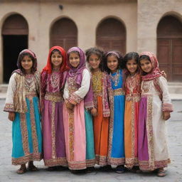 A group of Yemeni girls, all wearing colorful traditional Yemeni outfits, gathered in the streets of Sanaa, the historic buildings providing a rich backdrop