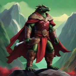 A majestic Dragonborn character from Dungeons and Dragons, with green and gold scales shimmering in the light, wearing a flowing red cloak