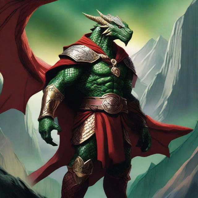 A majestic Dragonborn character from Dungeons and Dragons, with green and gold scales shimmering in the light, wearing a flowing red cloak