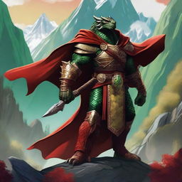 A majestic Dragonborn character from Dungeons and Dragons, with green and gold scales shimmering in the light, wearing a flowing red cloak