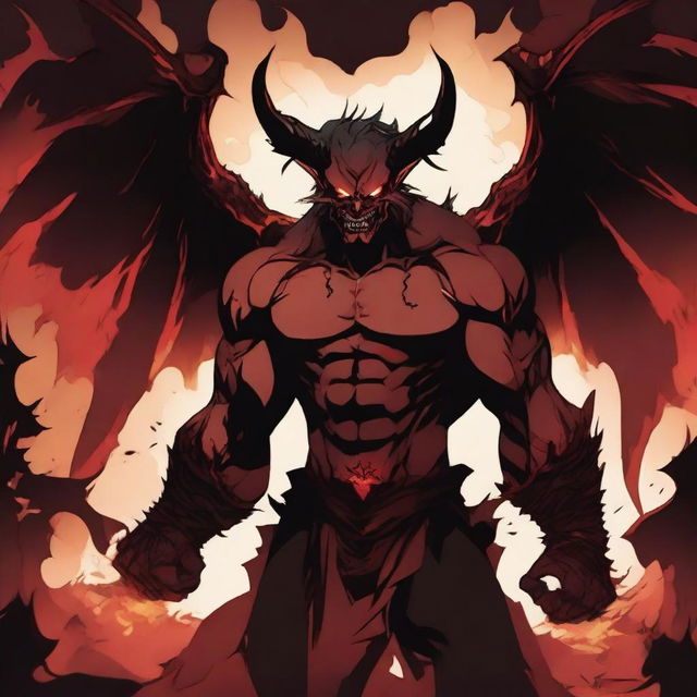 An anime-style depiction of a devil man, featuring a menacing figure with demonic horns and red, glowing eyes