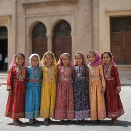 A group of Yemeni girls, all wearing colorful traditional Yemeni outfits, gathered in the streets of Sanaa, the historic buildings providing a rich backdrop