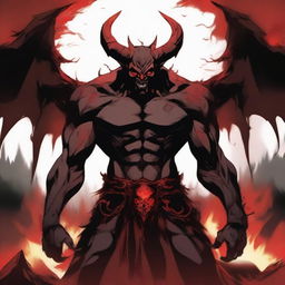 An anime-style depiction of a devil man, featuring a menacing figure with demonic horns and red, glowing eyes