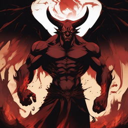 An anime-style depiction of a devil man, featuring a menacing figure with demonic horns and red, glowing eyes