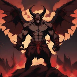 An anime-style depiction of a devil man, featuring a menacing figure with demonic horns and red, glowing eyes