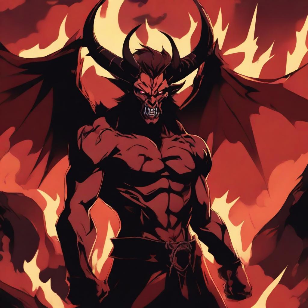 A devil man in an anime style, with a menacing and fierce expression