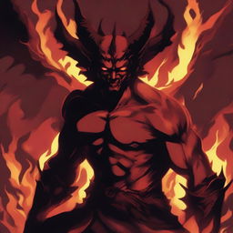 A devil man in an anime style, with a menacing and fierce expression