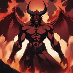 A devil man in an anime style, with a menacing and fierce expression